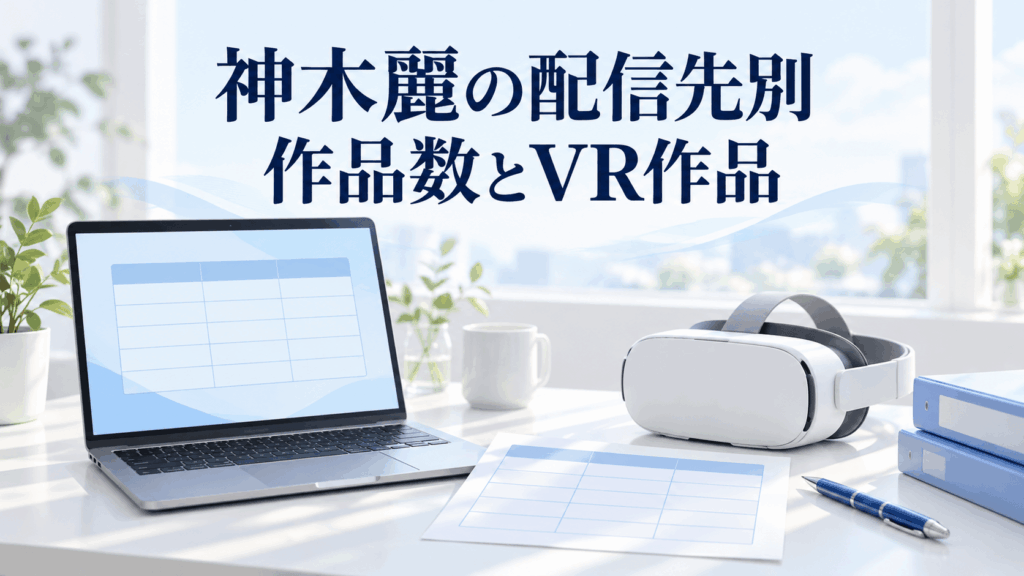 神木麗の配信先別作品数とVR作品を整理するノートPC・作品数表・VRヘッドセットのイラスト