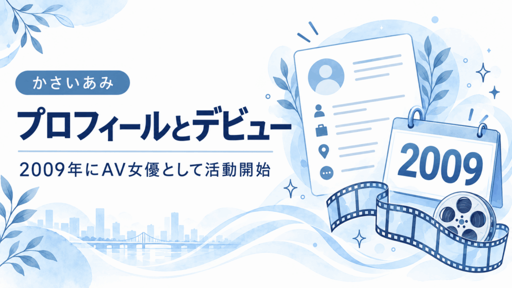 かさいあみのプロフィールと2009年のAVデビューを示すカード型イラスト