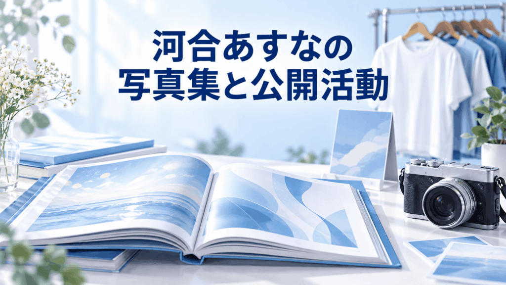 河合あすなの写真集と公開活動を紹介するイメージ。写真集やカメラ、アパレル関連の展示