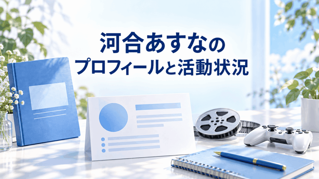 河合あすなのプロフィールと活動状況を紹介するイメージ。プロフィールファイルや趣味を表す小物