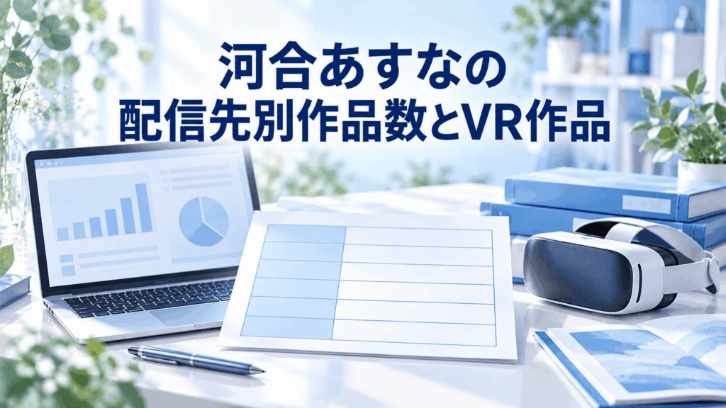 河合あすなの配信先別作品数とVR作品を紹介するイメージ。作品数表とVRヘッドセット