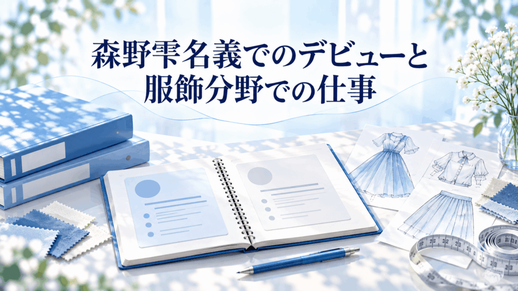 森野雫名義でのデビューと服飾分野での仕事を表す経歴ノートや衣服のデザイン画