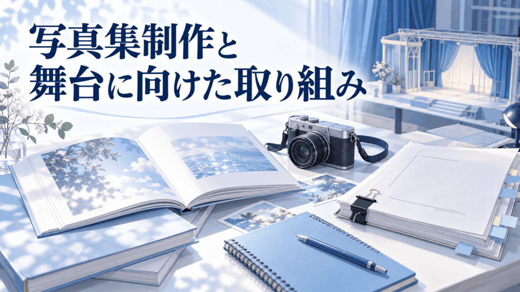 写真集制作と舞台に向けた取り組みを表す写真集やカメラ、舞台台本のイラスト