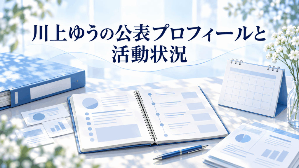 川上ゆうの公表プロフィールと活動状況を整理したノートや資料のイラスト