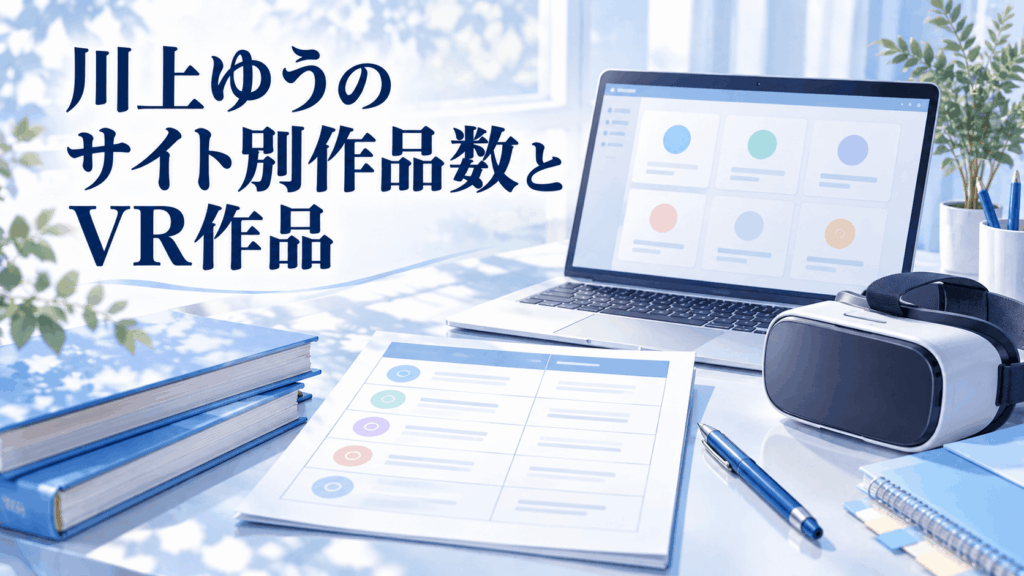 川上ゆうのサイト別作品数とVR作品を整理するノートPCや資料、VRヘッドセットのイラスト
