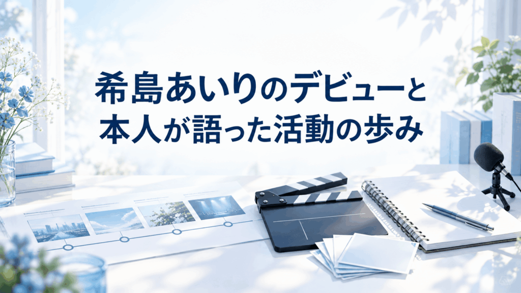 希島あいりのデビューと活動の歩みを表す年表資料とカチンコ