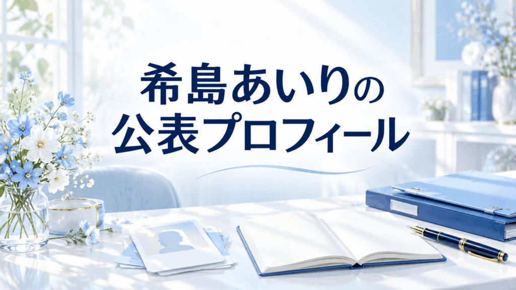 希島あいりの公表プロフィールを紹介するカードとノート