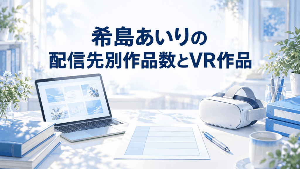 希島あいりの配信先別作品数とVR作品を整理する表とノートPC、VRヘッドセット