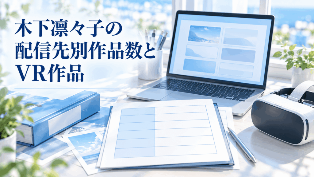 木下凛々子の配信先別作品数とVR作品を整理する資料、ノートPC、VRヘッドセットのイラスト