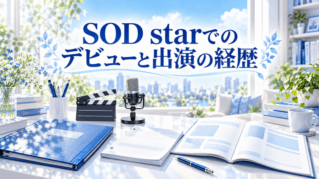 SOD starでのデビューと出演の経歴を表す、カチンコやマイク、雑誌を配置したイラスト
