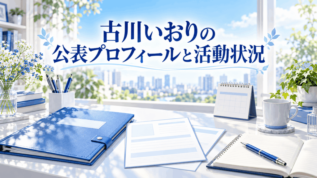 古川いおりの公表プロフィールと活動状況を示す、プロフィールファイルや資料を配置したイラスト