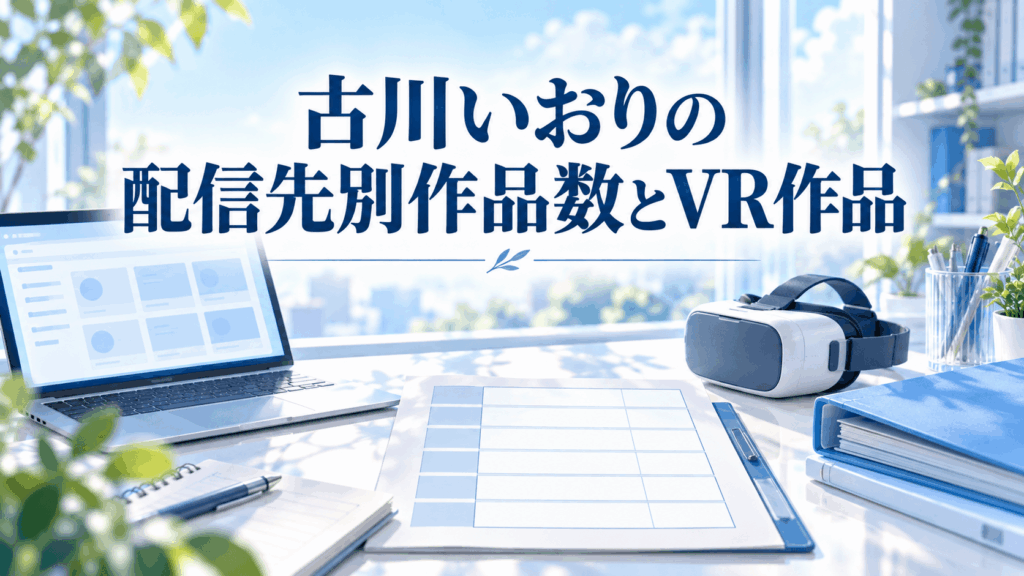 古川いおりの配信先別作品数とVR作品を整理する、ノートPCと作品数表、VRヘッドセットのイラスト
