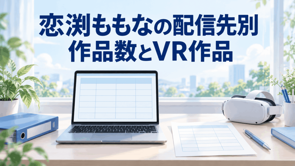 恋渕ももなの配信先別作品数とVR作品を整理する、ノートPCと一覧表、VRヘッドセットのイラスト