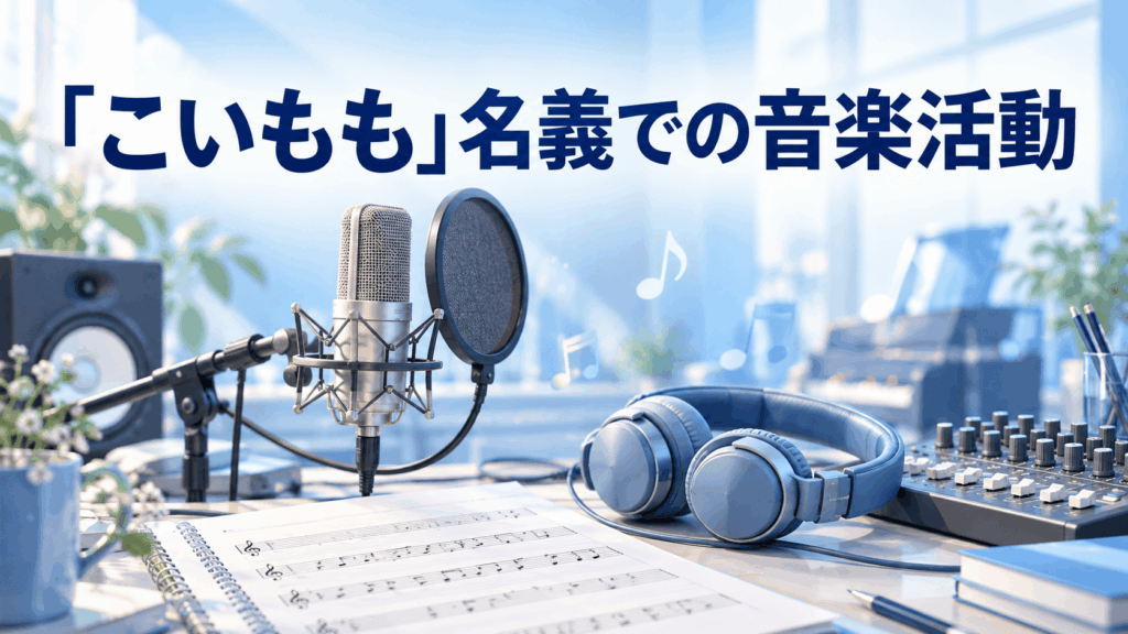 こいもも名義の音楽活動をイメージした、マイクとヘッドホン、楽譜のイラスト