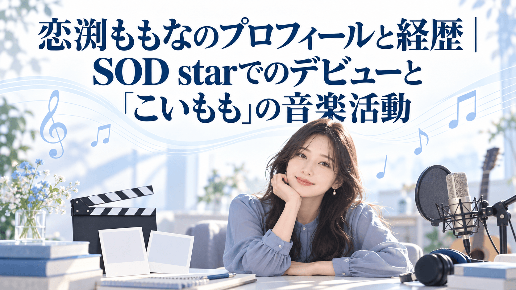 恋渕ももなのプロフィールとSOD starでのデビュー、こいもも名義の音楽活動を紹介するイメージイラスト