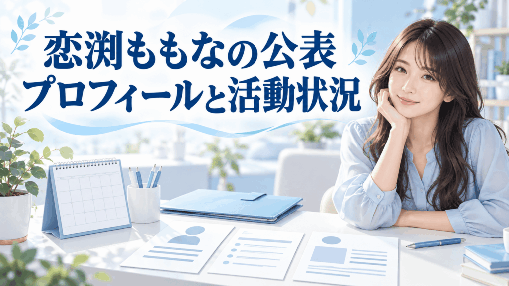 恋渕ももなの公表プロフィールと活動状況を紹介する、架空の成人女性とプロフィール資料のイラスト