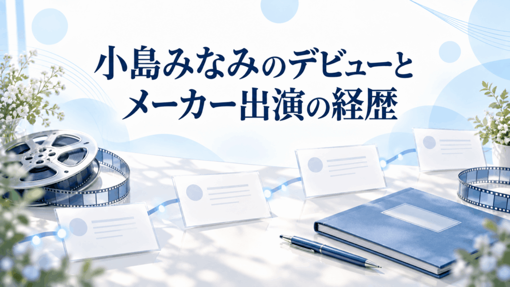 小島みなみのデビューとメーカー出演の経歴を表す資料カードとフィルムリールのイラスト