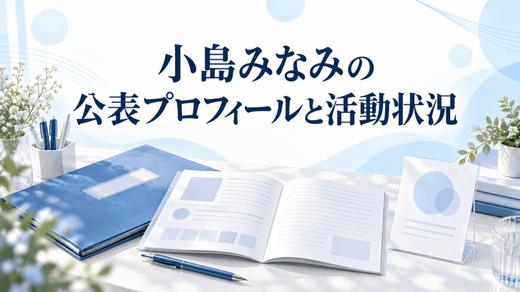 小島みなみの公表プロフィールと活動状況を表す資料カードとノートのイラスト