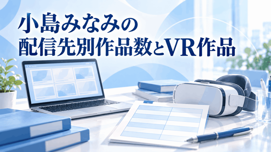 小島みなみの配信先別作品数とVR作品を整理するノートPCとVRヘッドセットのイラスト