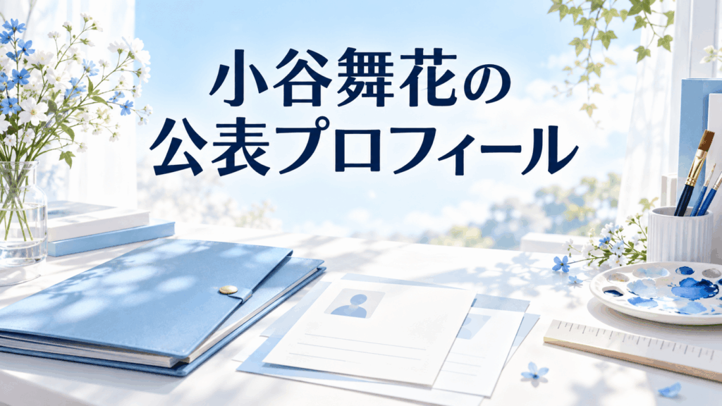 小谷舞花の公表プロフィールを紹介する青と白の資料と画材のイラスト