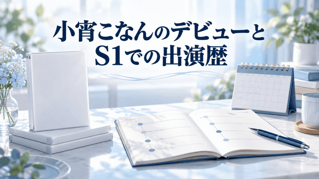小宵こなんのデビューとS1での出演歴を表す年表ノートとDVDケース