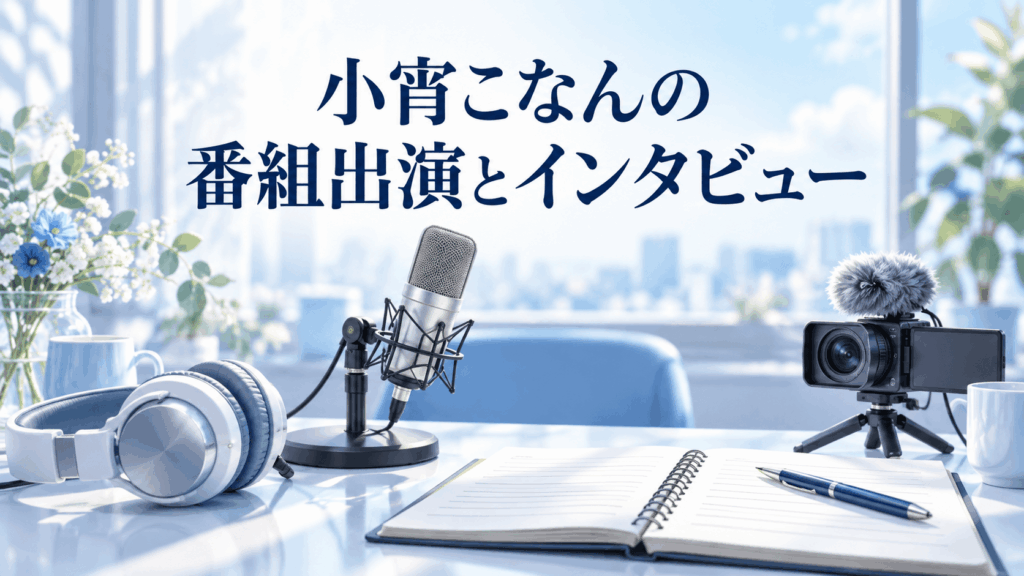 小宵こなんの番組出演とインタビューを表すマイク、カメラ、取材ノート