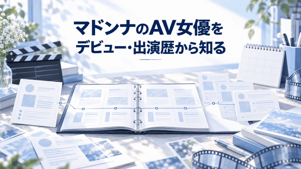 マドンナのAV女優のデビューと出演歴を資料や記録カードで整理したイラスト