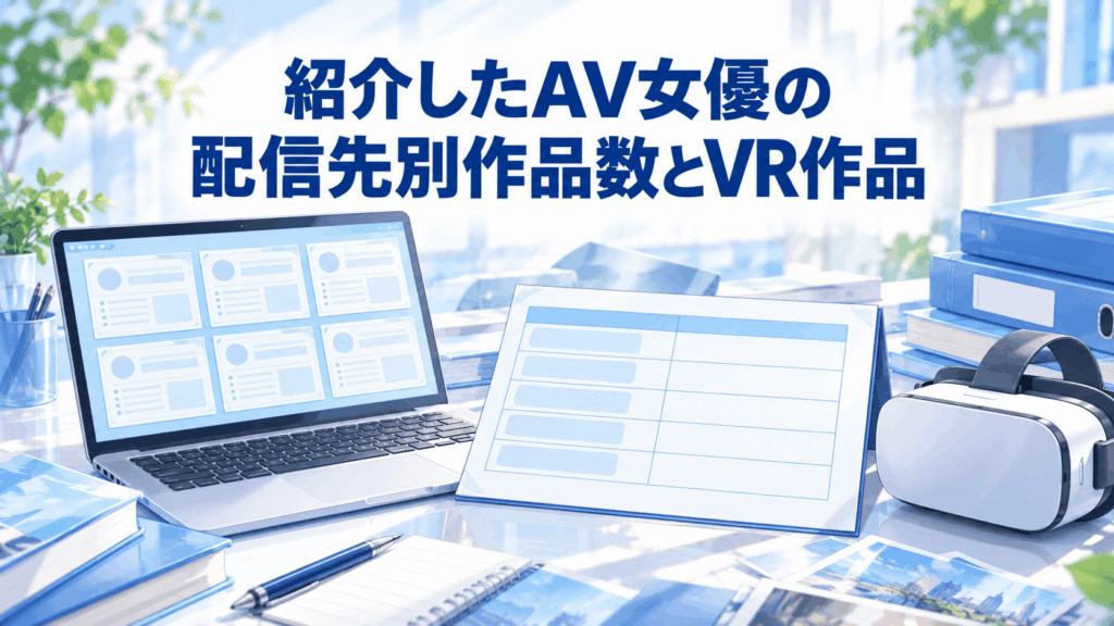 紹介したAV女優の配信先別作品数とVR作品をノートPCや資料で整理したイラスト