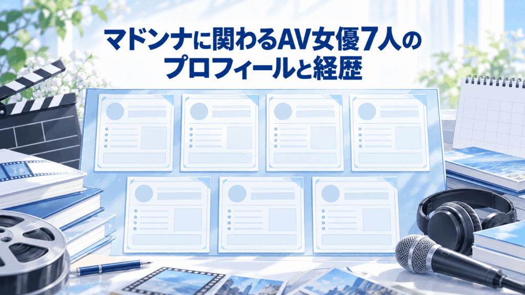 マドンナに関わるAV女優7人のプロフィールと経歴を7枚のカードで整理したイラスト