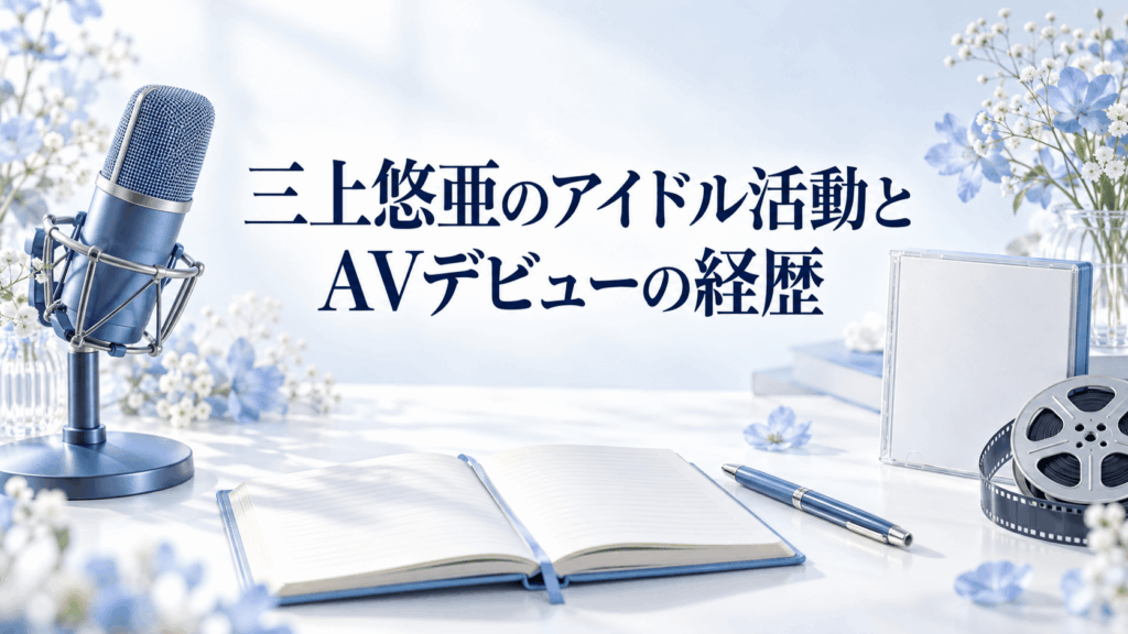 三上悠亜のアイドル活動とAVデビューの経歴を表すマイクとフィルムリールのイラスト