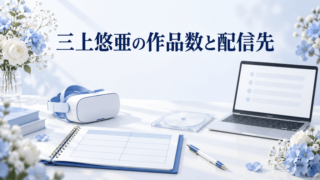 三上悠亜の作品数と配信先を表す一覧表とノートPC、VRヘッドセットのイラスト