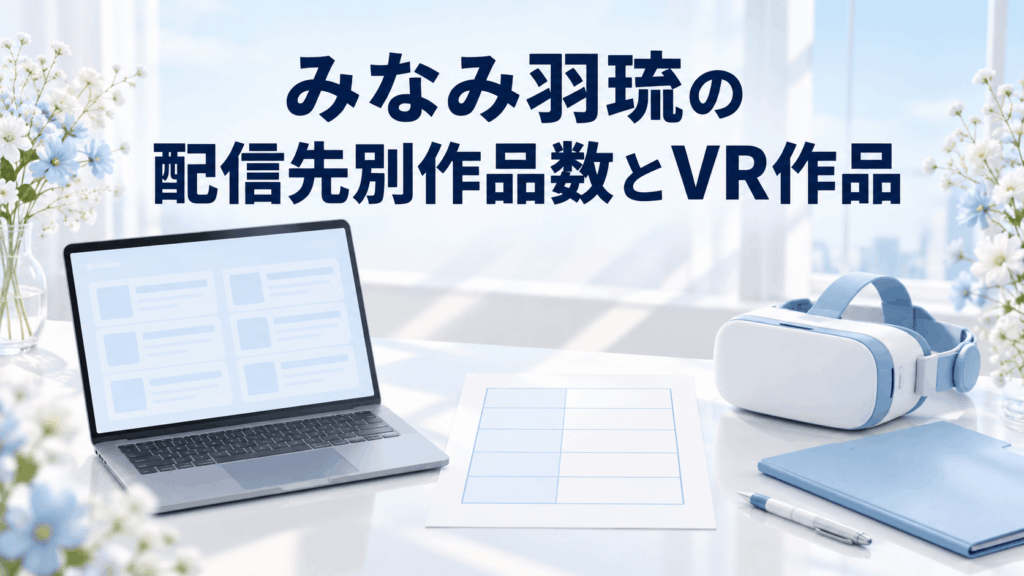 みなみ羽琉の配信先別作品数とVR作品を整理する、ノートPCと一覧表、VRヘッドセット