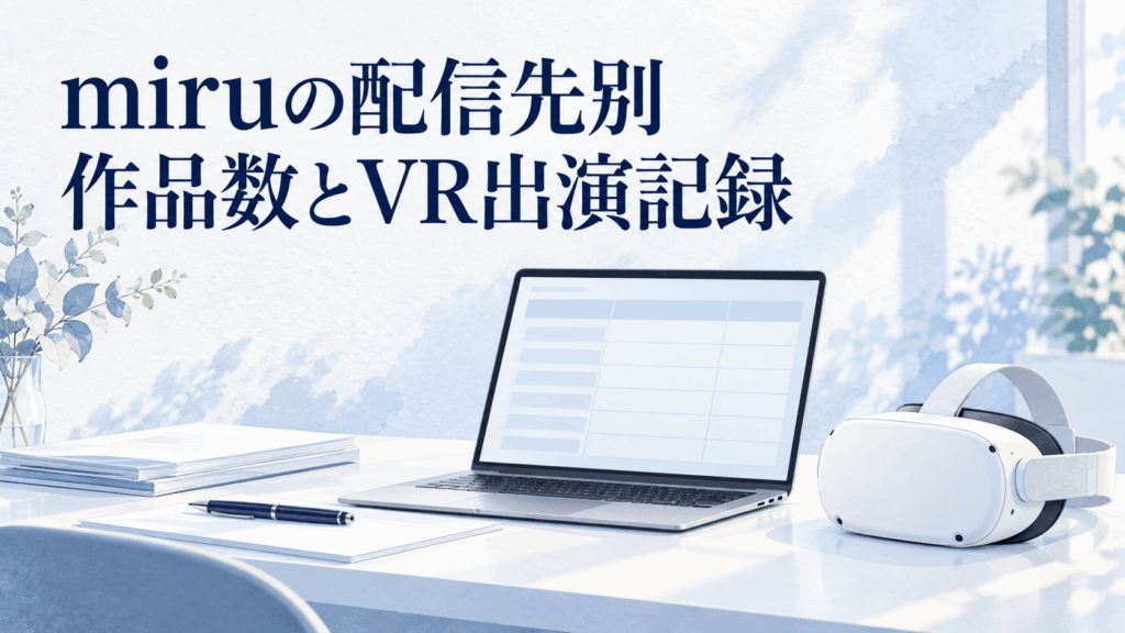 miruの配信先別作品数とVR出演記録を紹介するノートPCとVRヘッドセット