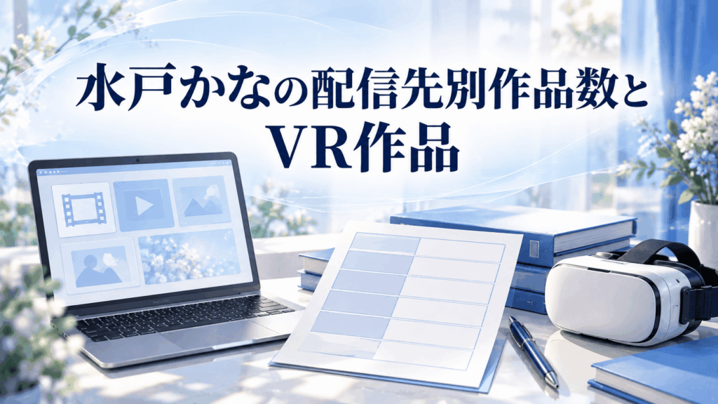 水戸かなの配信先別作品数とVR作品を整理するノートPC・資料・VRヘッドセットのイラスト