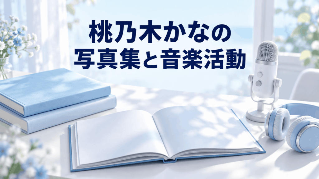 桃乃木かなの写真集と音楽活動を表す書籍・マイク・ヘッドホン