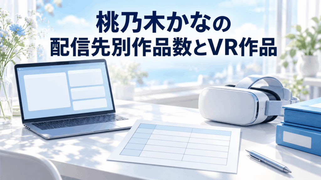 桃乃木かなの配信先別作品数とVR作品を整理する表・ノートPC・VRヘッドセット