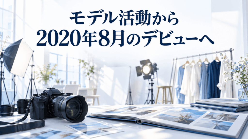 七ツ森りりのモデル活動と2020年8月のデビューを表すカメラと写真アルバムのイラスト