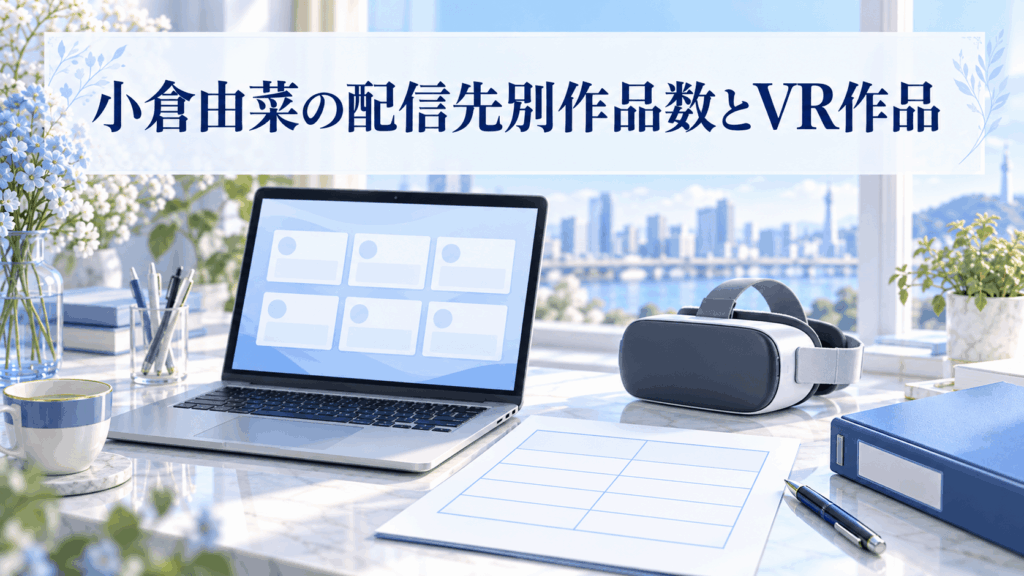 小倉由菜の配信先別作品数とVR作品の掲載情報を整理するノートPC、6項目の表、VRヘッドセットのイラスト