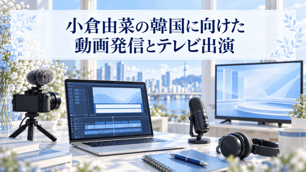 小倉由菜の韓国向け動画発信とテレビ出演をイメージした動画編集用PC、撮影カメラ、テレビモニターのイラスト