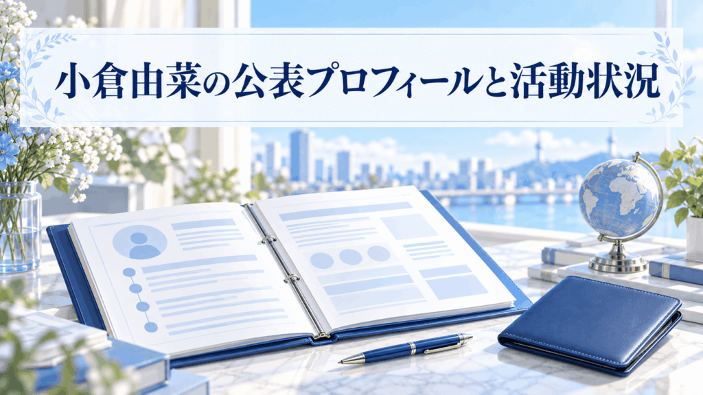 小倉由菜の公表プロフィールと活動状況をイメージした資料ファイル、パスポートケース、地球儀のイラスト