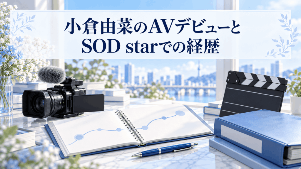 小倉由菜のAVデビューとSOD starでの出演経歴をイメージした映像カメラ、カチンコ、活動年表のイラスト