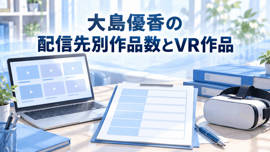 大島優香の配信先別作品数とVR作品を整理するノートPCとVRヘッドセットのイラスト