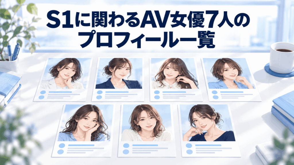 7枚の人物カードでS1に関わるAV女優のプロフィール一覧を表したイラスト