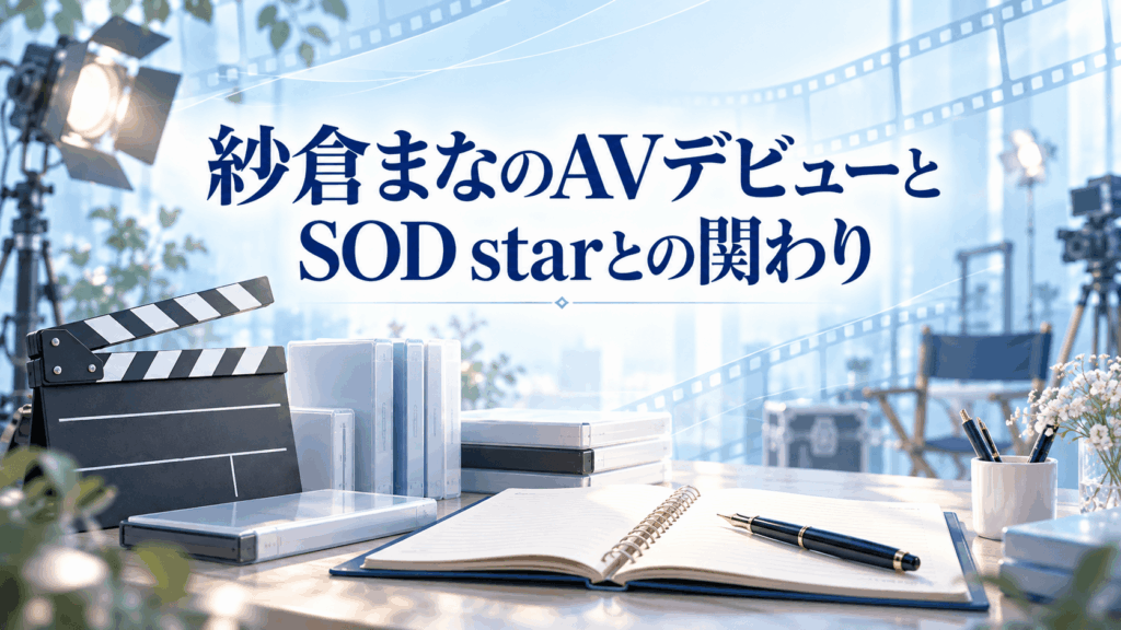 紗倉まなのAVデビューとSOD starとの関わりを表すカチンコ、映像作品ケース、撮影スタジオのイラスト