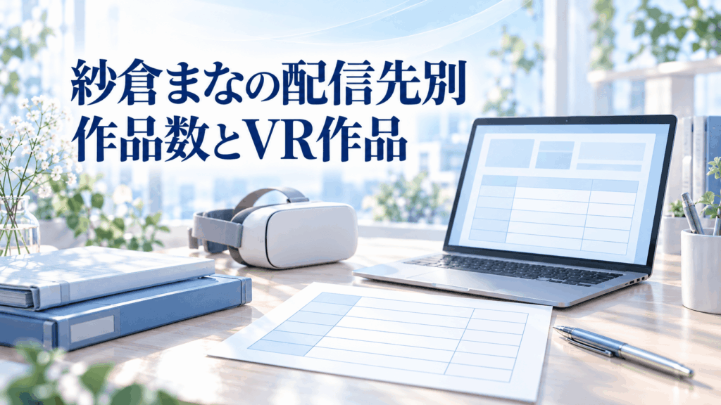 紗倉まなの配信先別作品数とVR作品を整理する6行の表、ノートPC、VRヘッドセットのイラスト