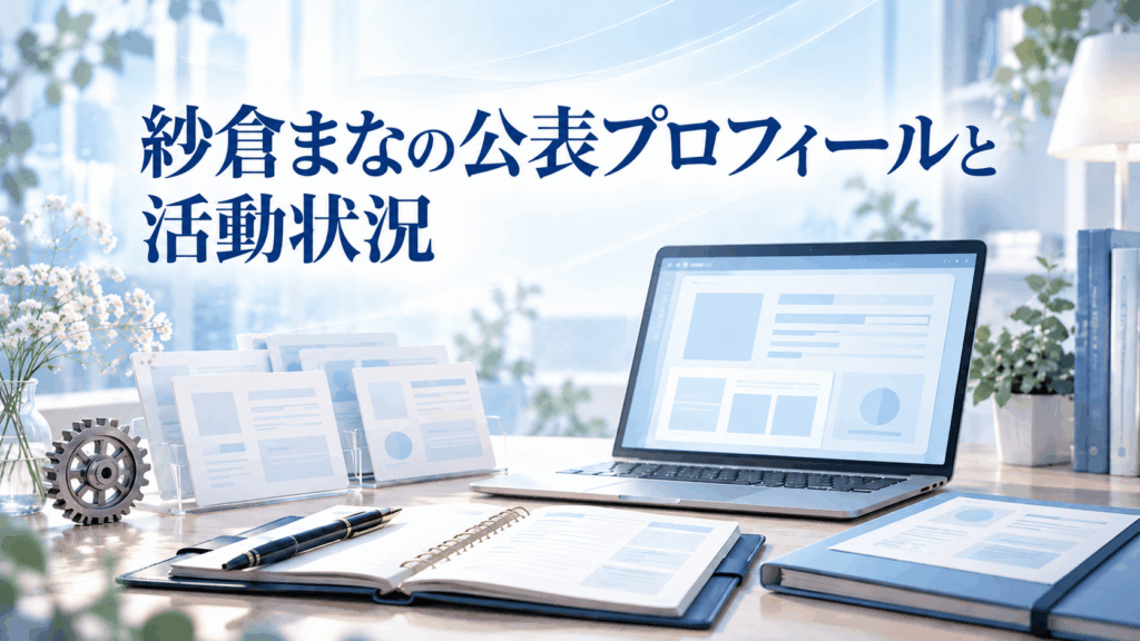 紗倉まなの公表プロフィールと活動状況を表すノートPC、プロフィール資料、手帳、歯車のイラスト