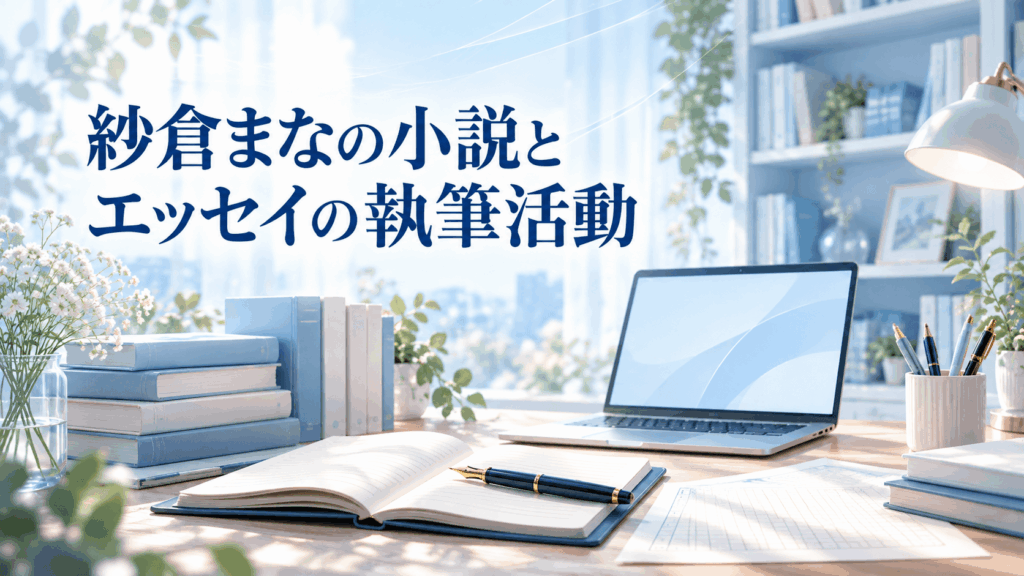 紗倉まなの小説とエッセイの執筆活動を表す書籍、ノート、万年筆、ノートPCを配置した作業机のイラスト