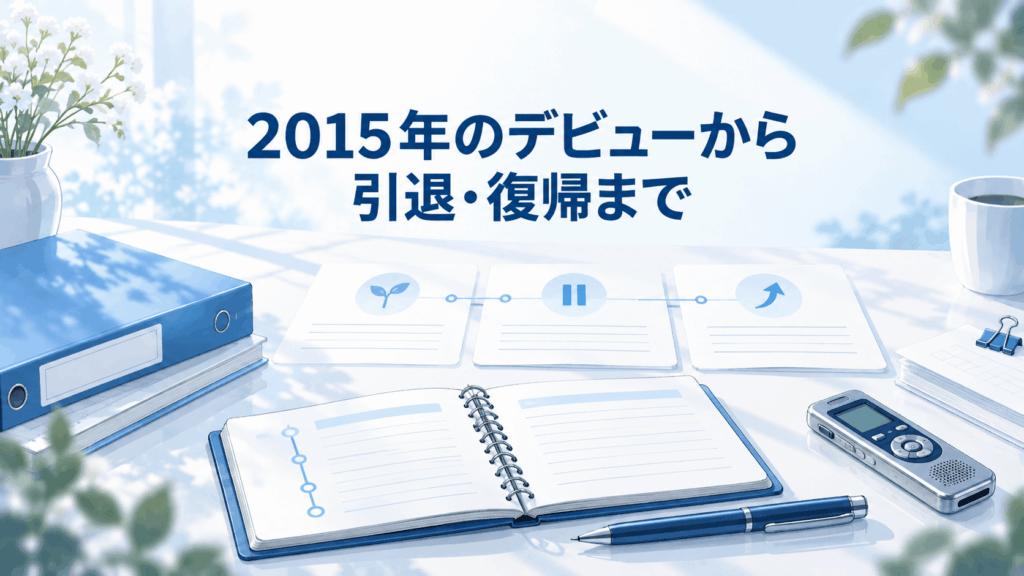 佐々木あきの2015年のデビューから引退・復帰までの経歴を表す記録ノートとカードのイラスト