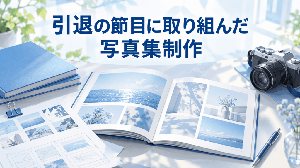 佐々木あきの引退の節目に取り組んだ写真集制作を表すフォトブックとカメラのイラスト