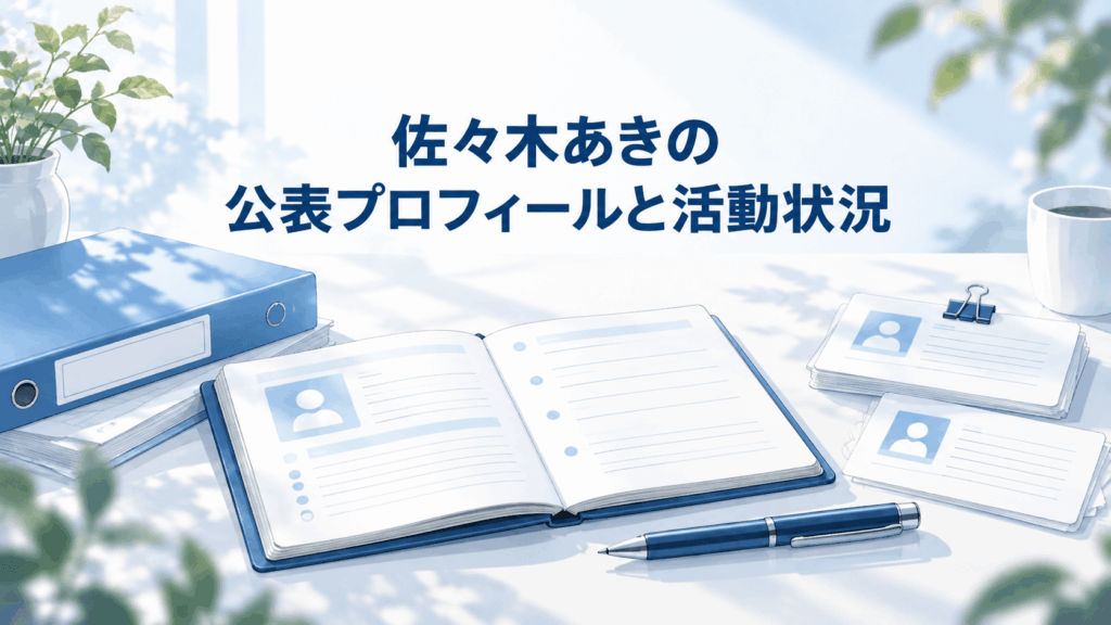 佐々木あきの公表プロフィールと活動状況を整理したノートと資料ファイルのイラスト